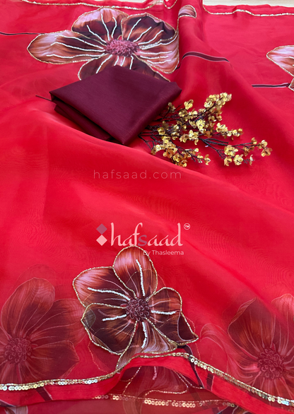 Dear Daisy- Handwork organza saree (Sensuous Red)