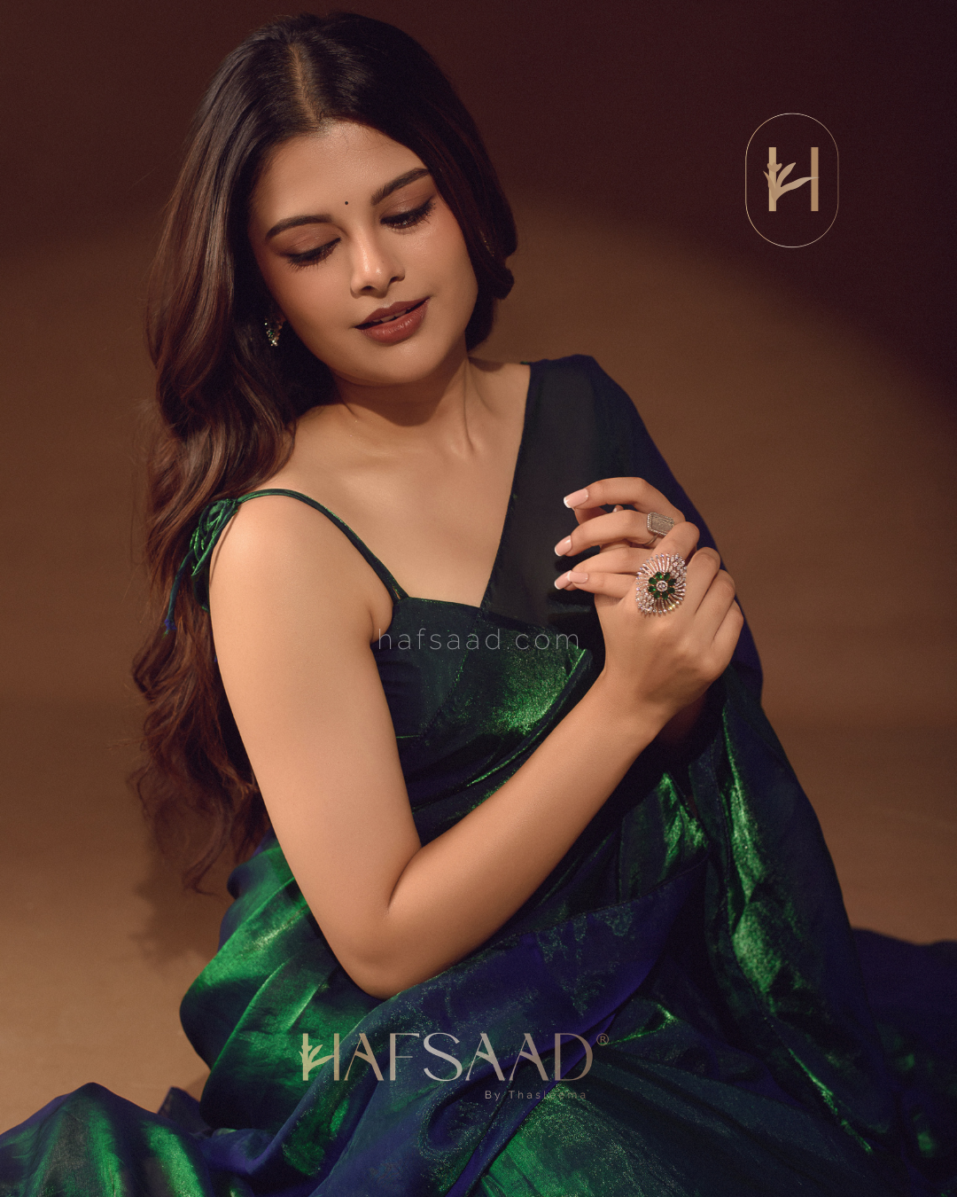 Sanjana in Sinful - Stardust satin saree (Emerald waves)