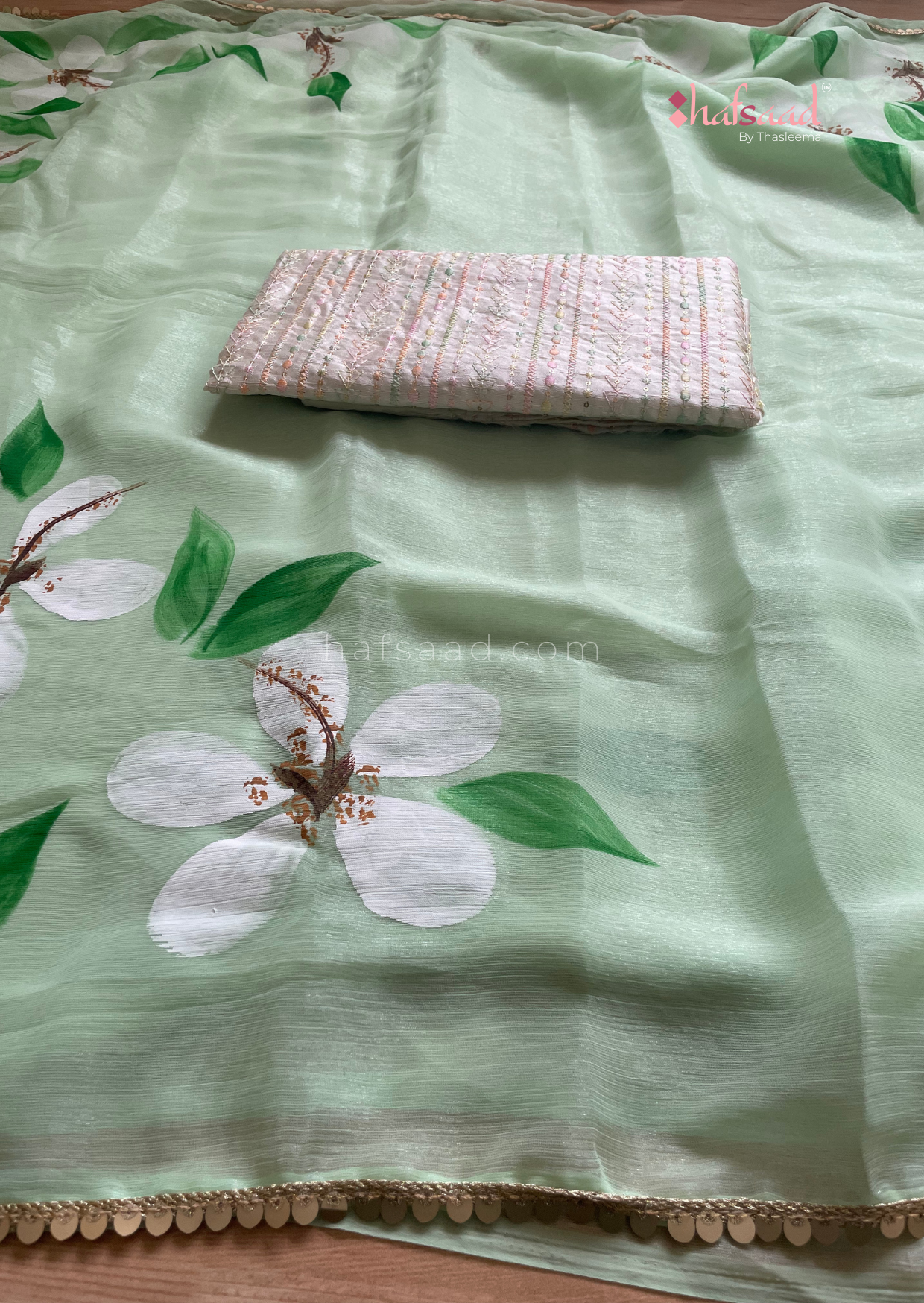 Periwinkle- Ready to wear chiffon handpainted saree (pastel green)