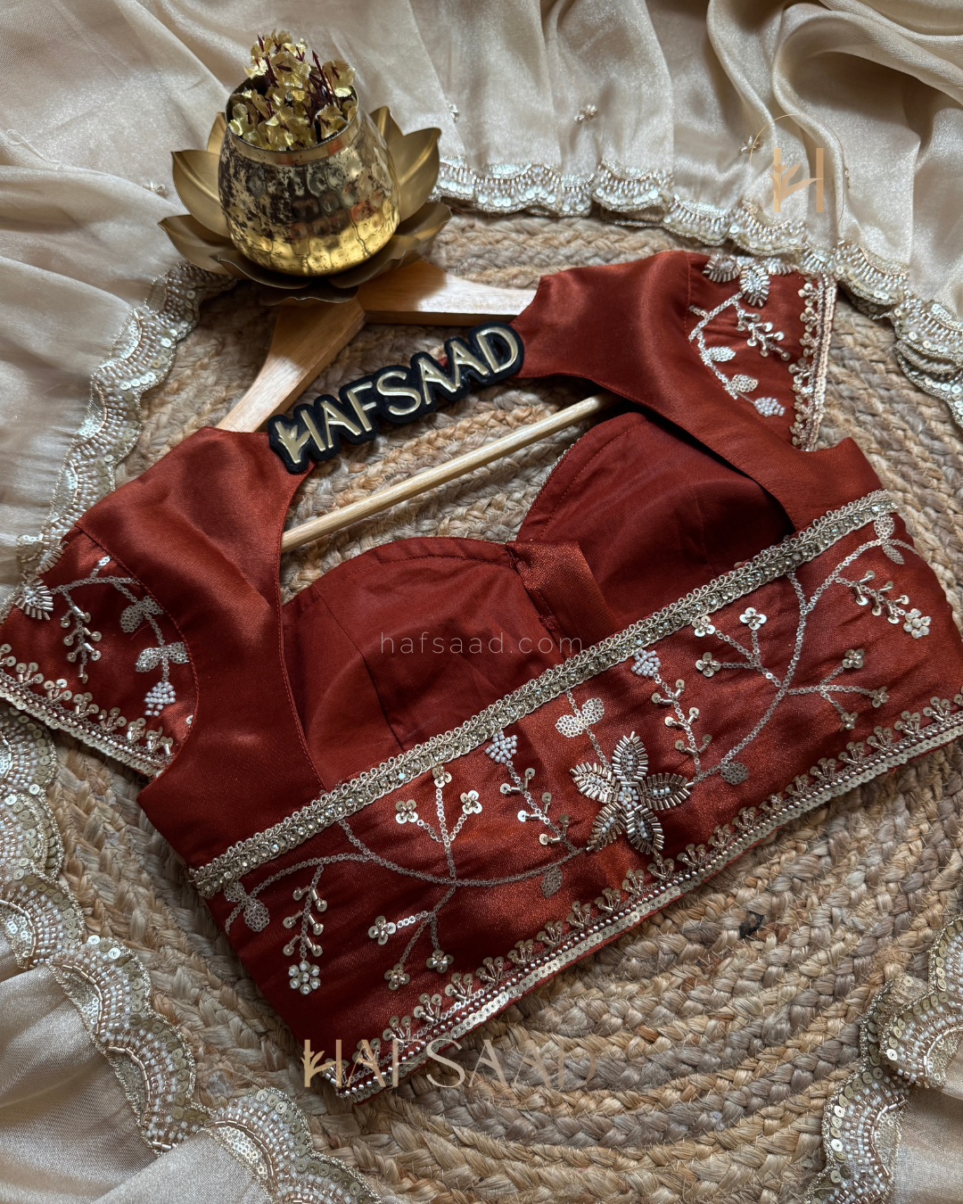 Amina- Designer Handwork Saree (Rust)