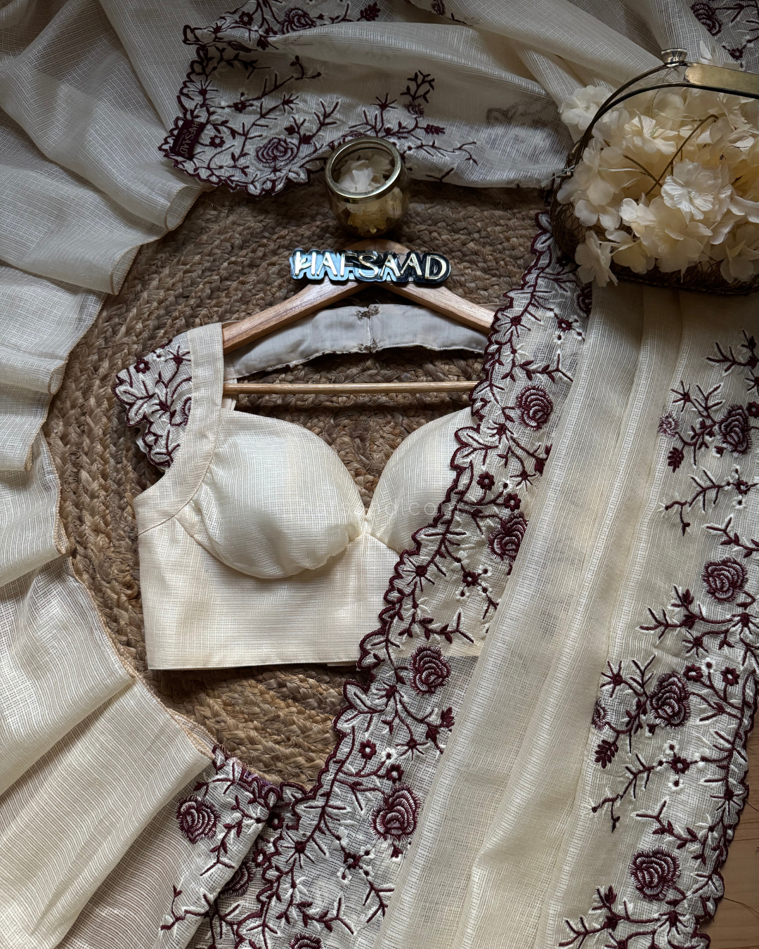 Femi- Embroidered Saree (Cream)