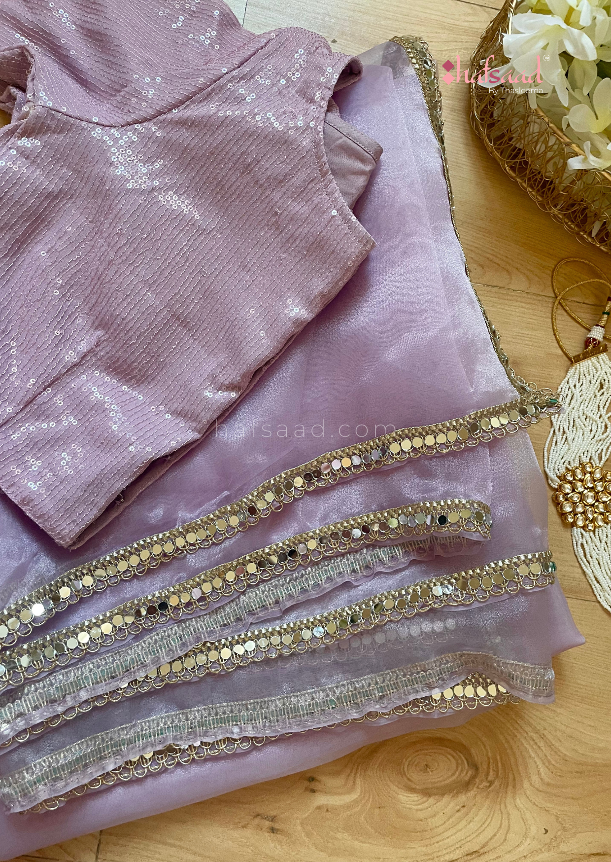 Haseen- Mirror work organza saree (Pastel Lilac)