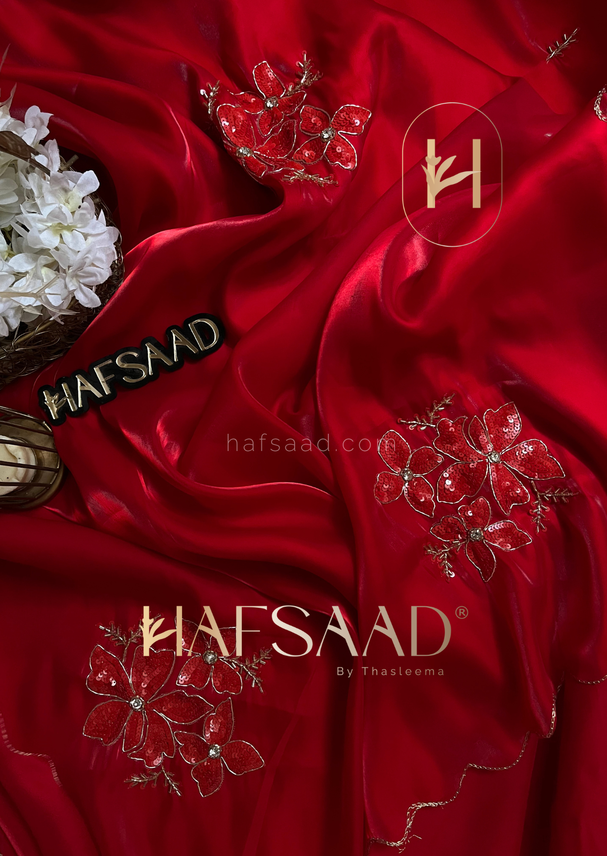 Nina- Handwork satin organza Saree (Red)