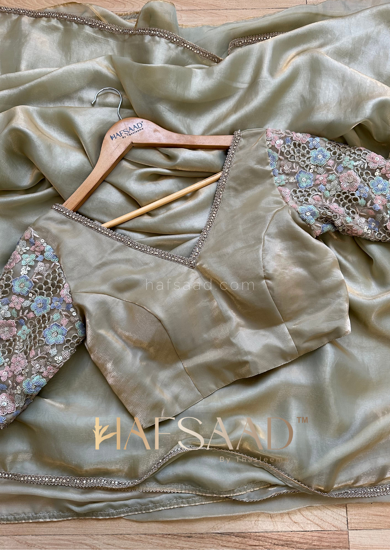 Anastasia- Couture satin organza saree (Sage green)