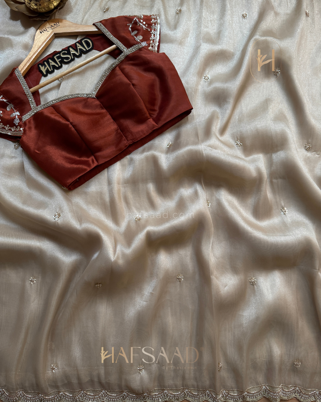 Amina- Designer Handwork Saree (Rust)