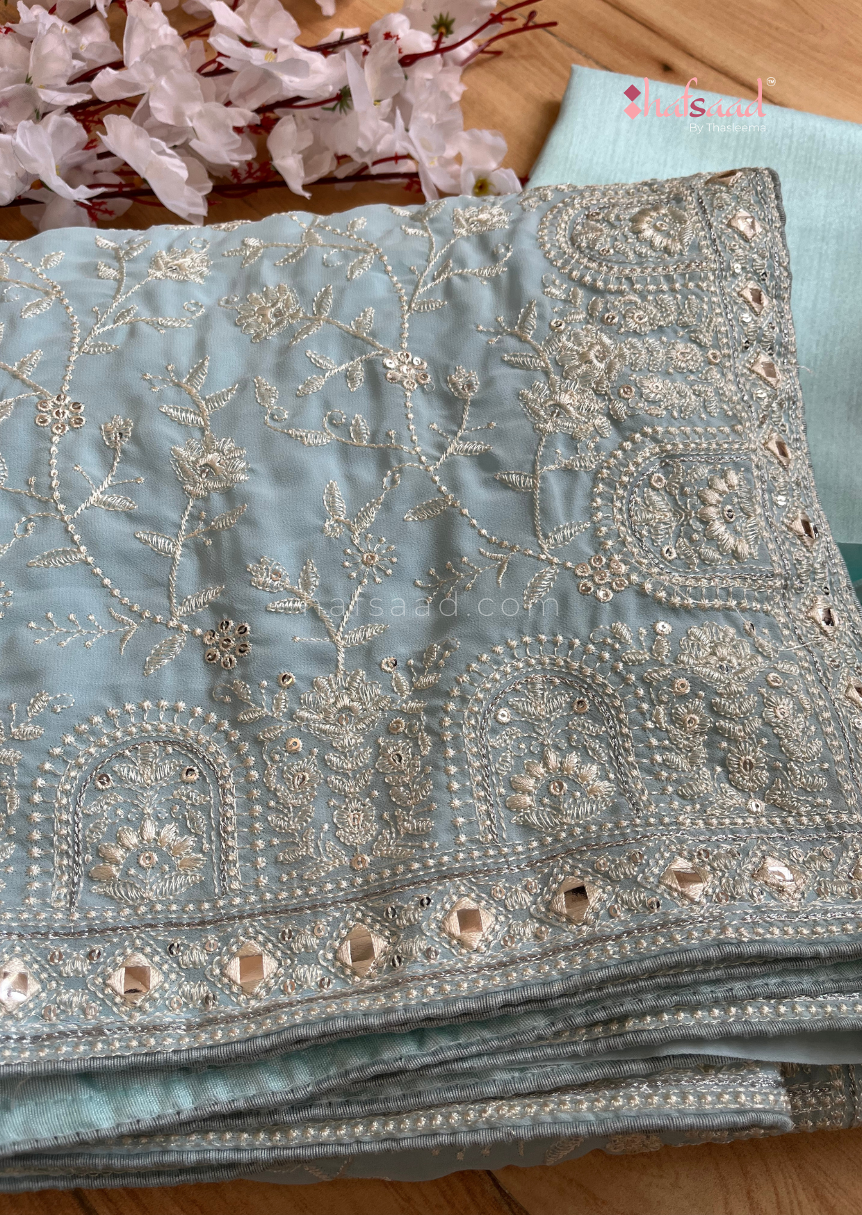 Maryam-Georgette Chikankari Saree (Pastel Blue)