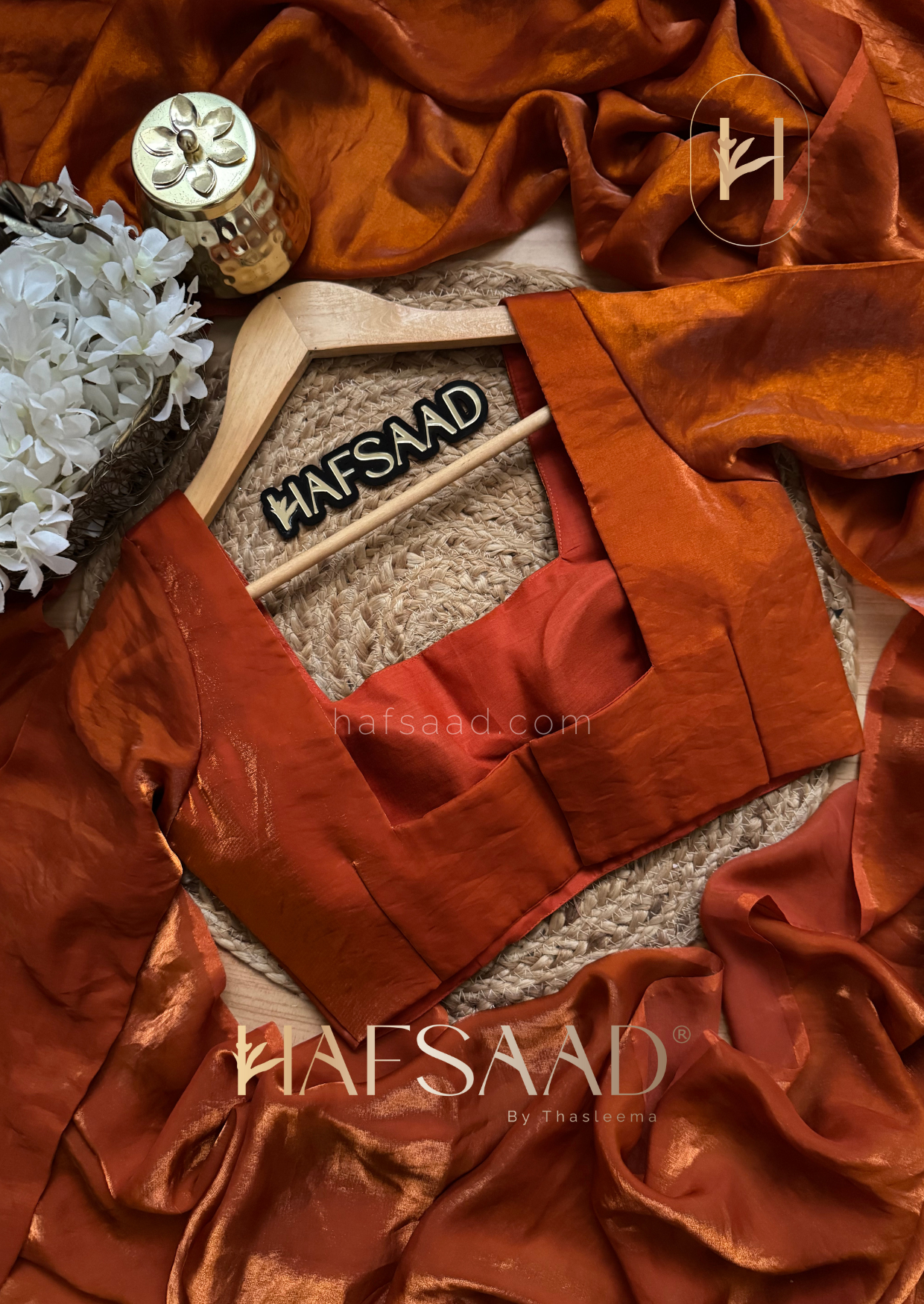Sinful full sleeve - Stardust satin saree (Burnt orange)