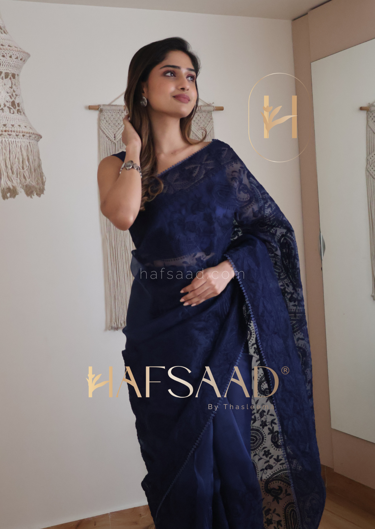 Avni - Chikankari Organza Saree (Navy Blue)