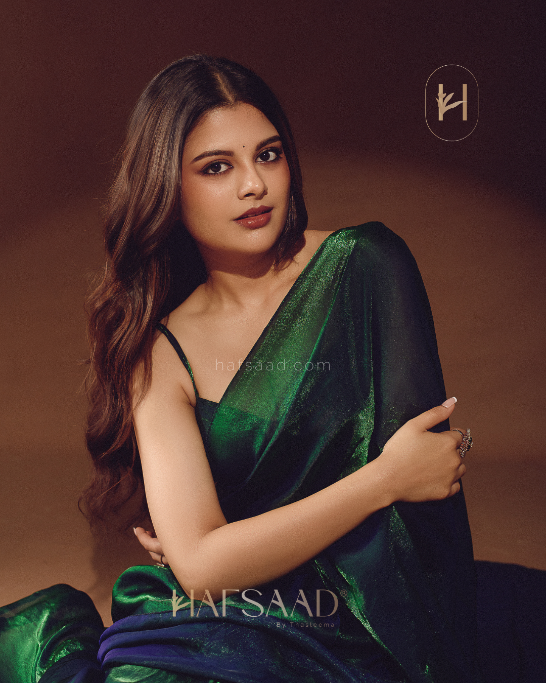 Sanjana in Sinful - Stardust satin saree (Emerald waves)