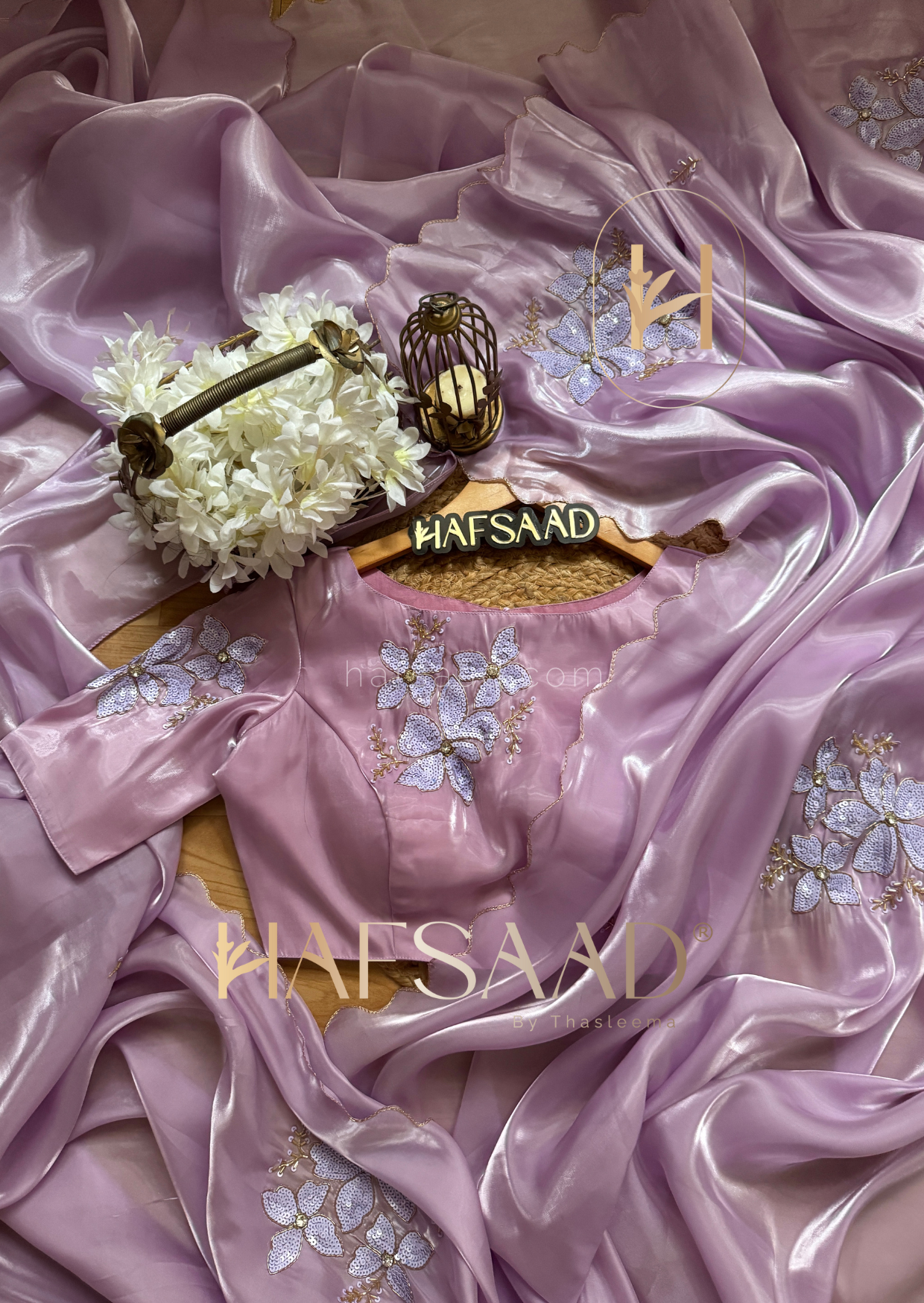 Nina- Handwork satin organza Saree (Lavender)