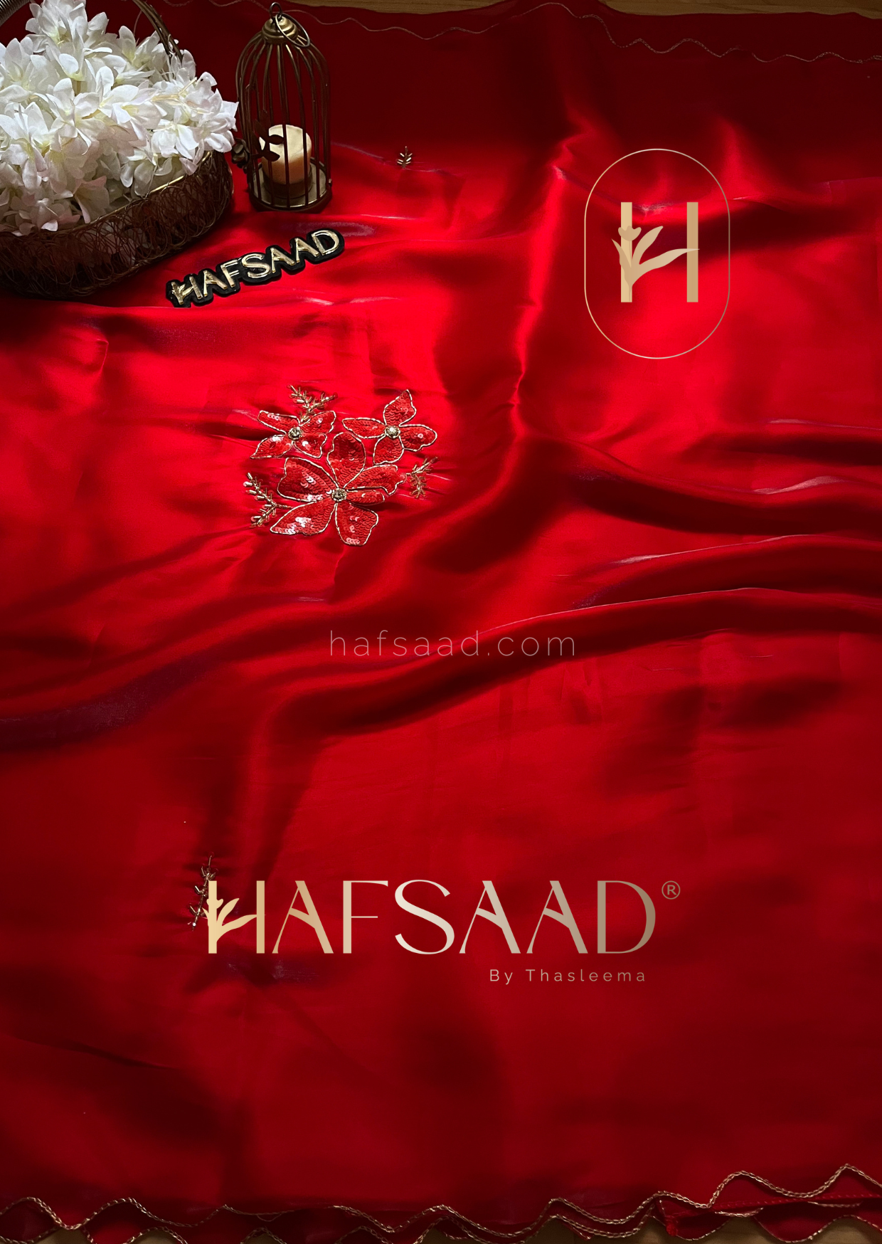 Nina- Handwork satin organza Saree (Red)