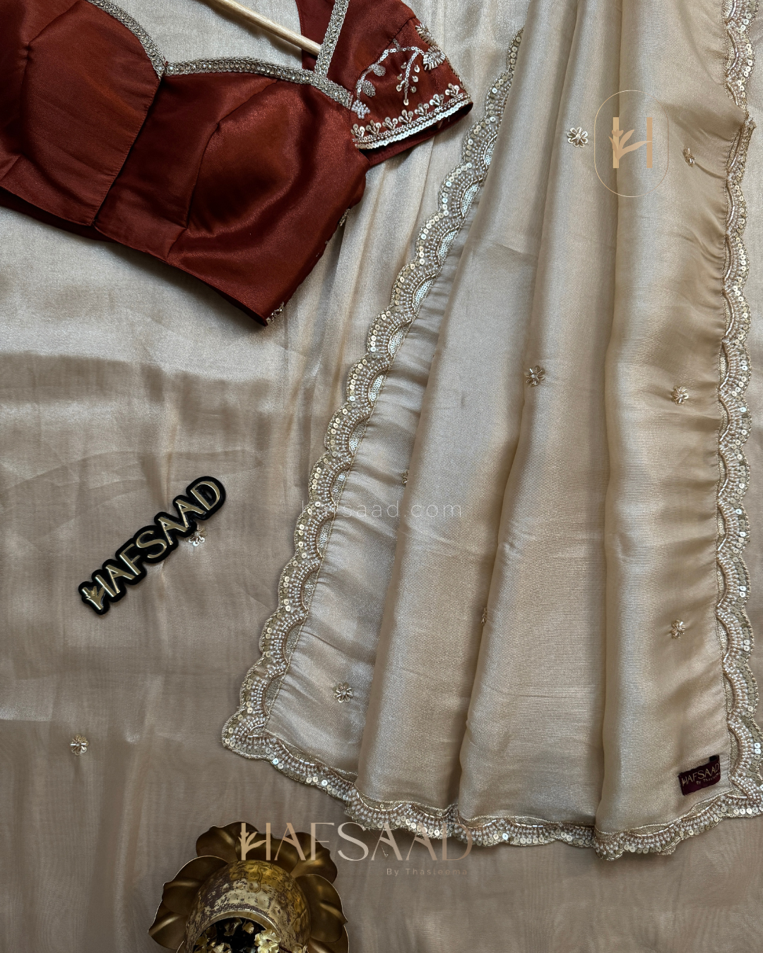 Amina- Designer Handwork Saree (Rust)