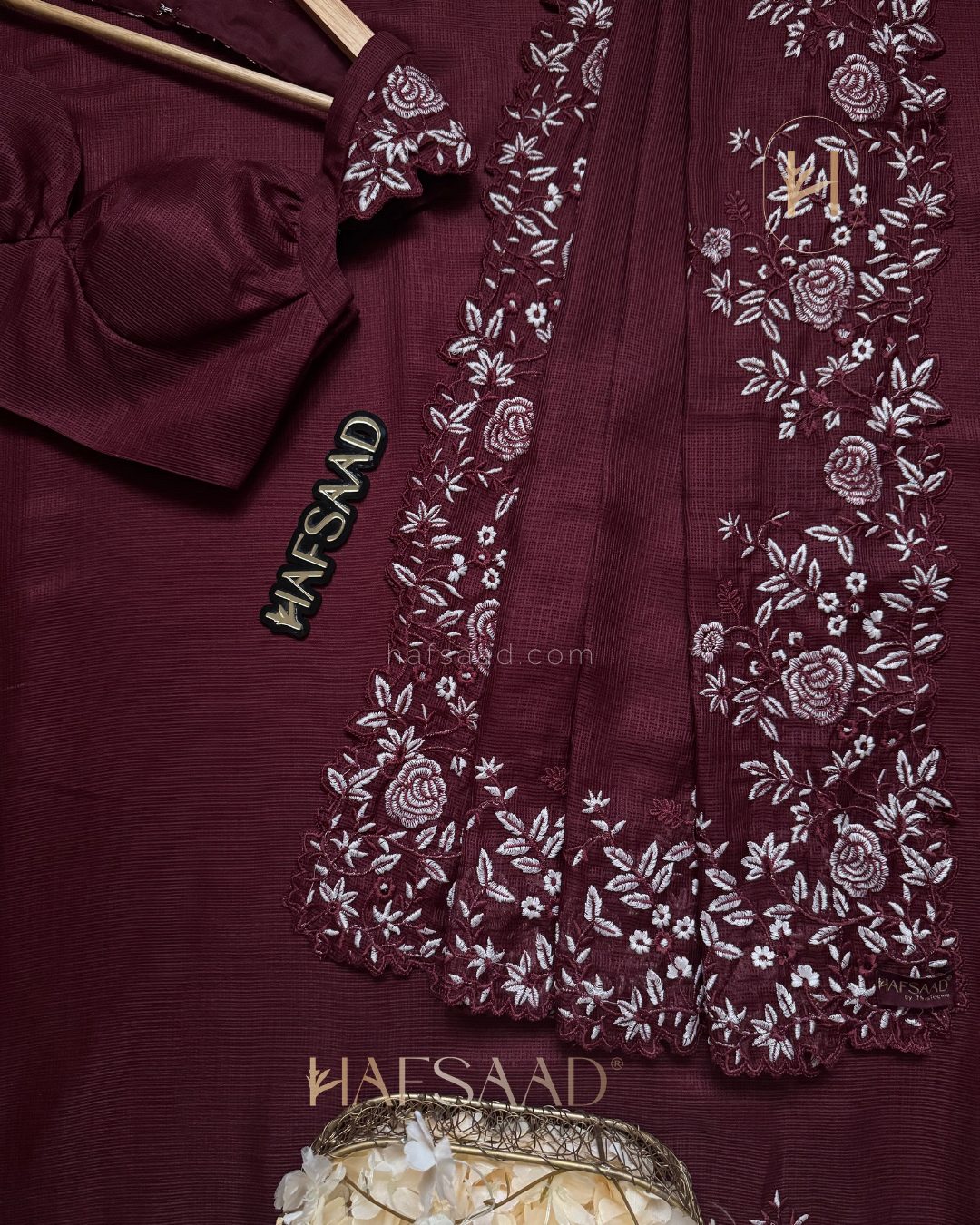 Femi- Embroidered Saree (Burgundy)