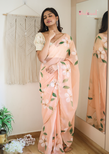 Periwinkle- Ready to wear chiffon hand painted saree (Coral)