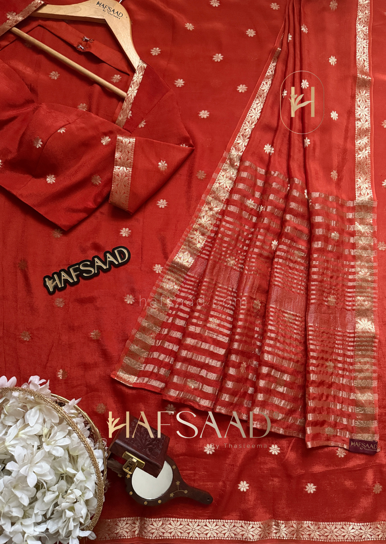 Ahalya - Pure chinnon saree (Rustic orange)