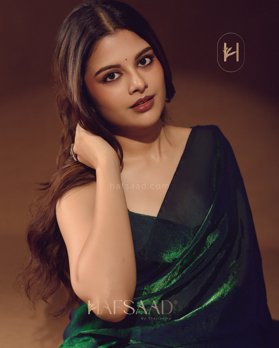 Sanjana in Sinful - Stardust satin saree (Emerald waves)
