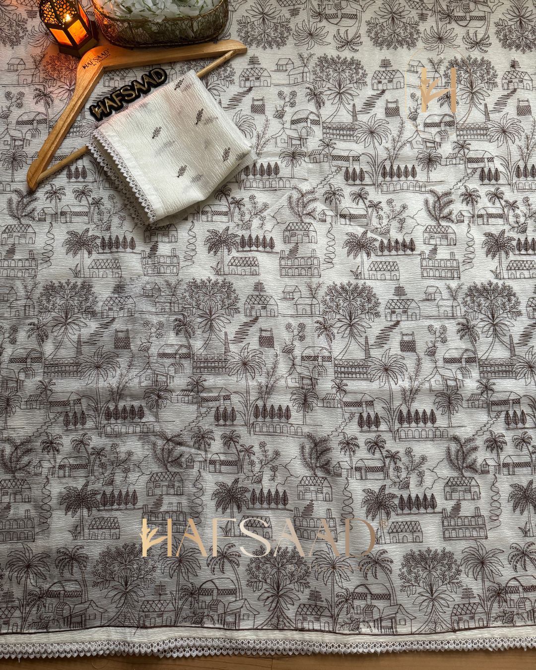 Arwa - Crushed silk organza saree (cream with brown)