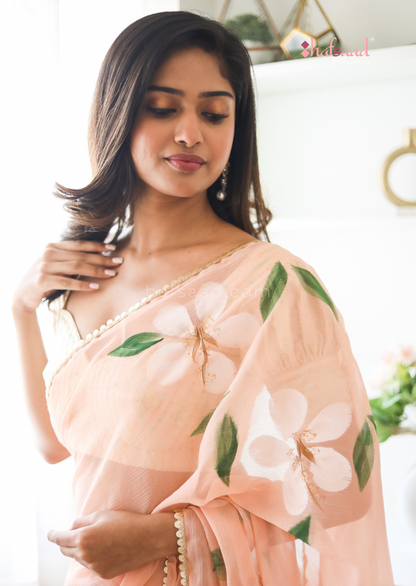Periwinkle- Ready to wear chiffon hand painted saree (Coral)