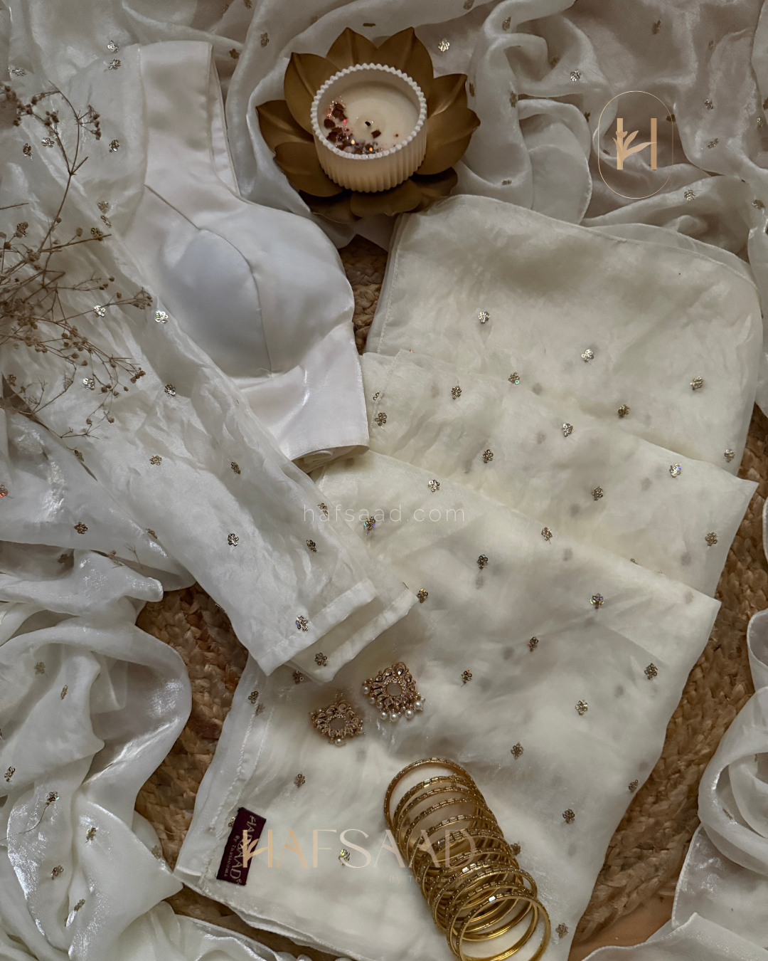 Hani- Stardust Satin Saree (White)