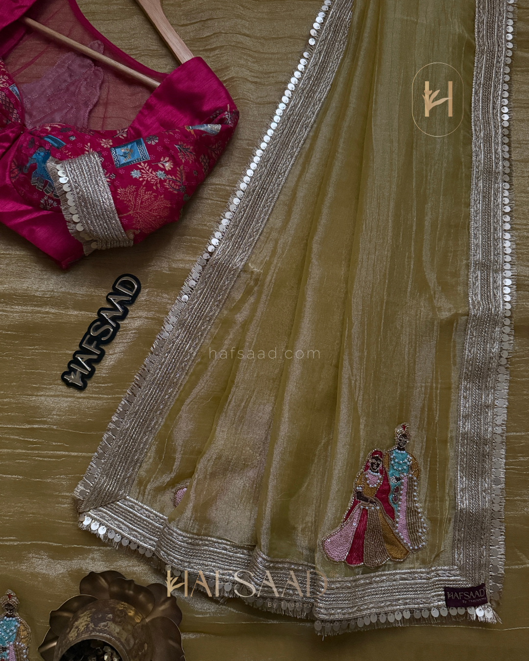 Varshini- Designer tissue saree (parrot green)