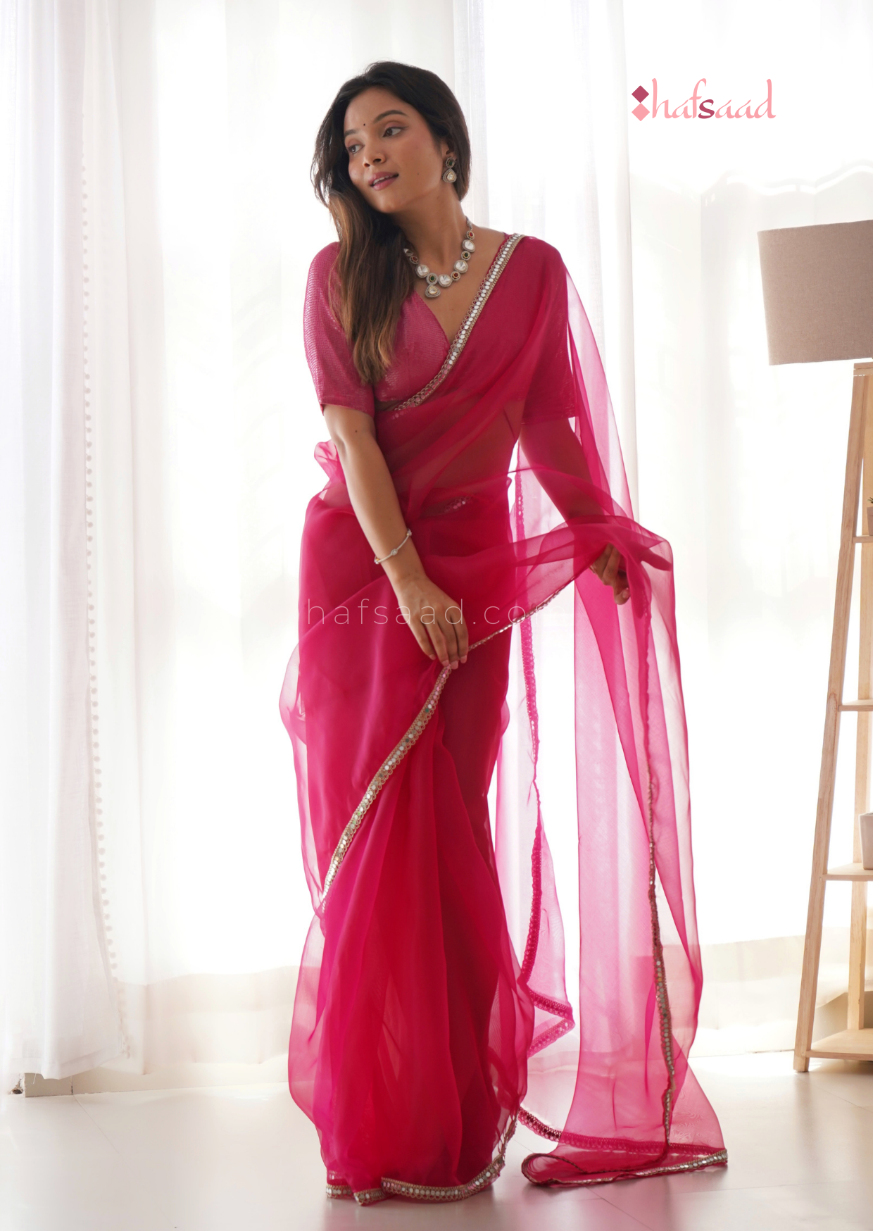 White Saree & Hot Pink Blouse | Bright pink blouse, Hot pink blouses, Pink  saree blouse