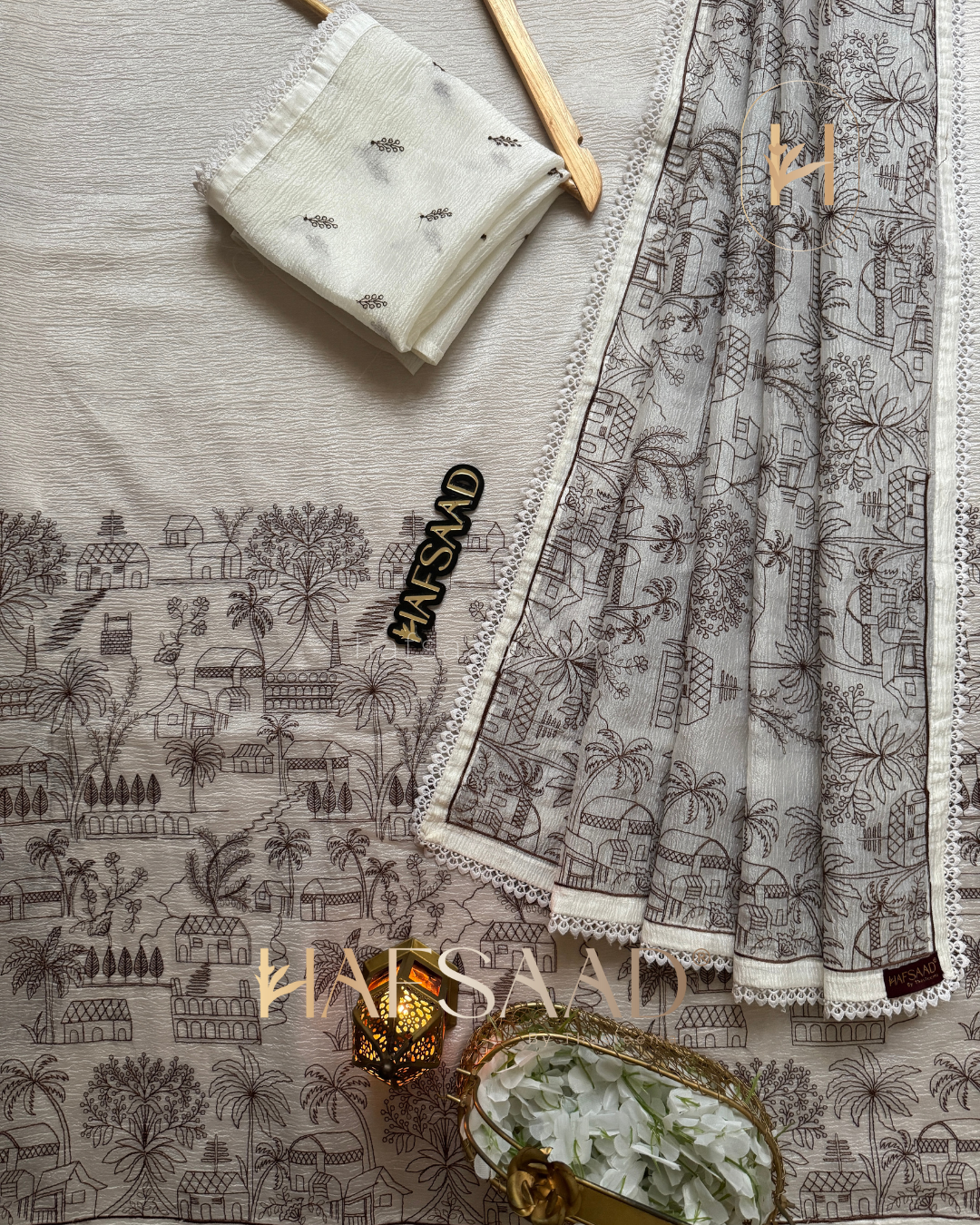 Arwa - Crushed silk organza saree (cream with brown)