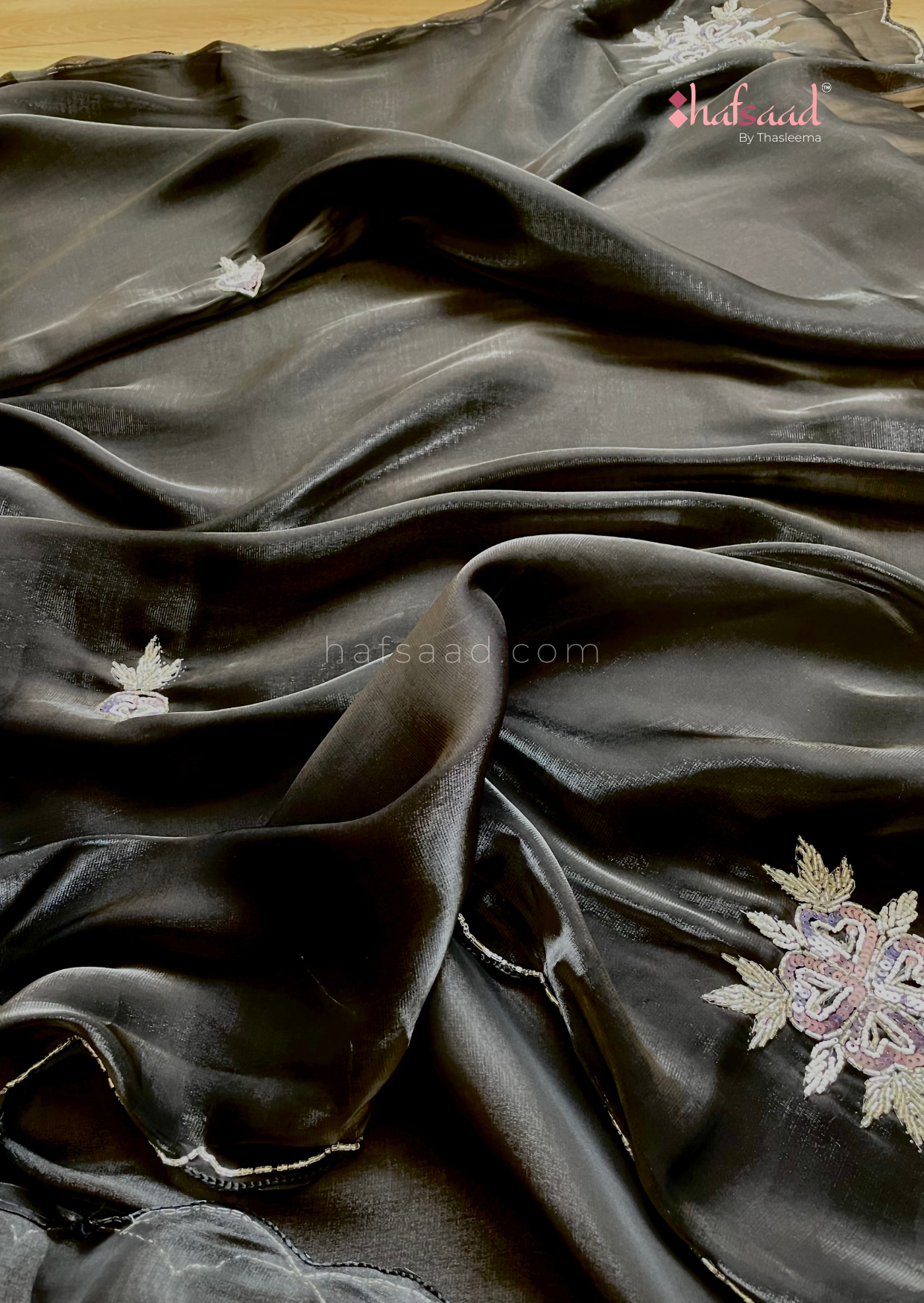 Molten coal- Handwork satin organza saree