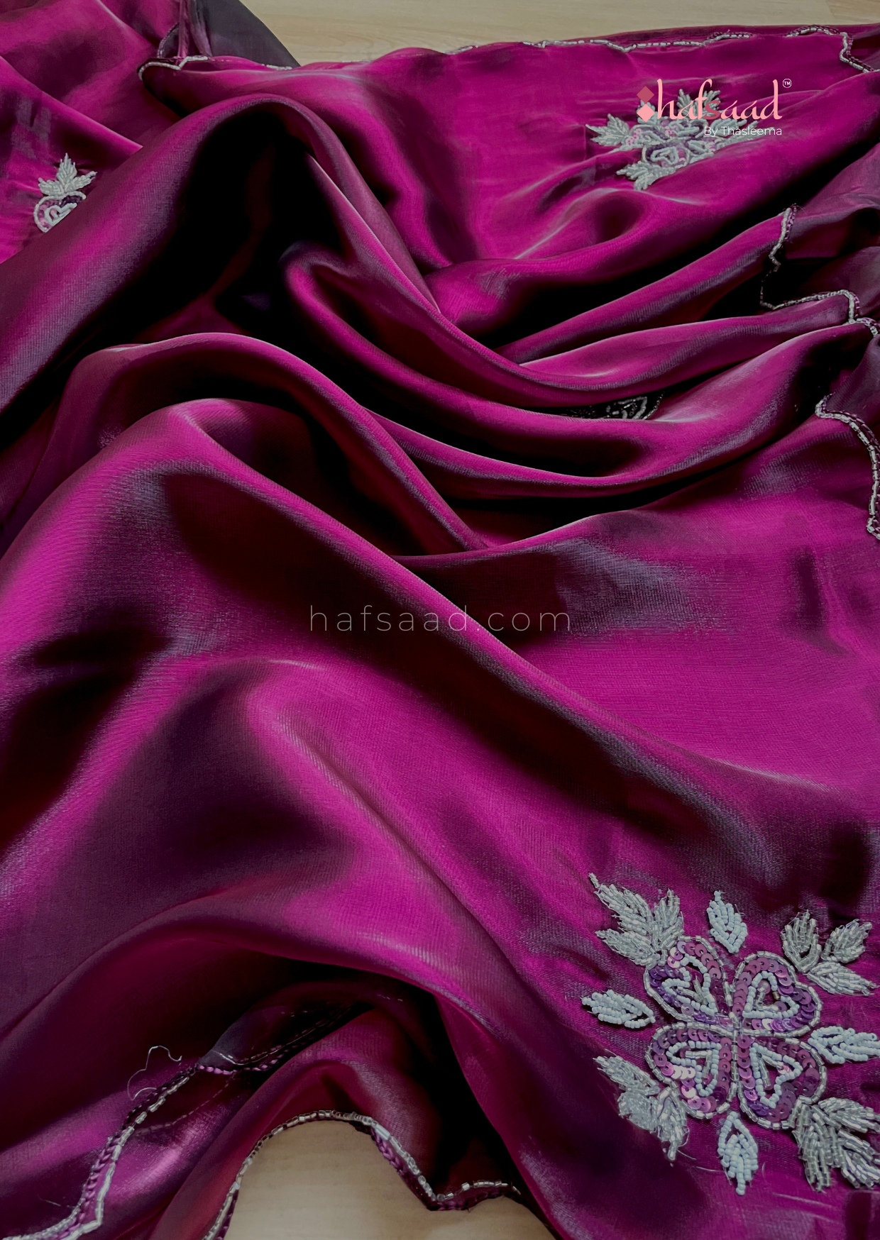 Molten wine- Handwork satin organza saree