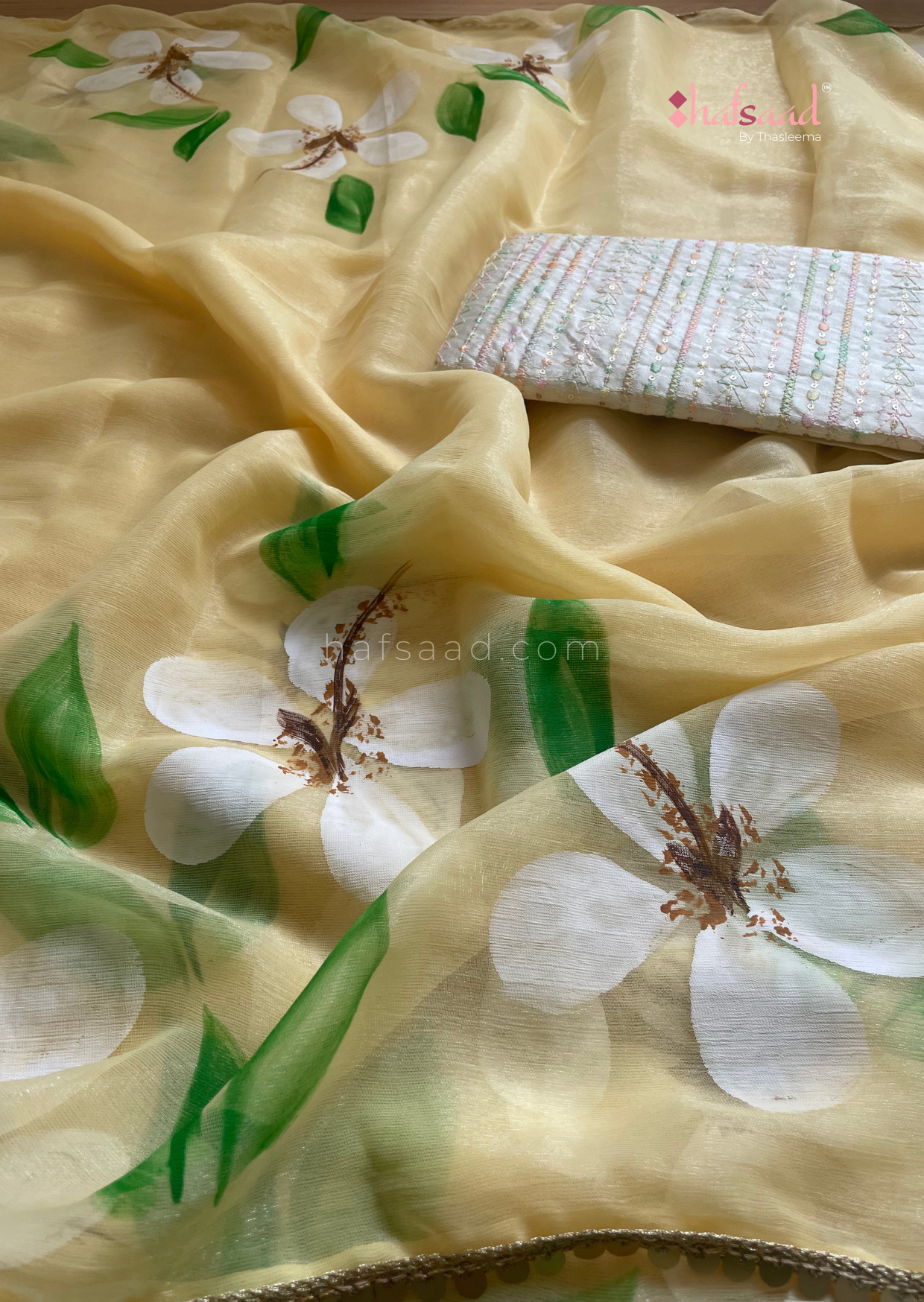 Periwinkle- chiffon handpainted saree (yellow)