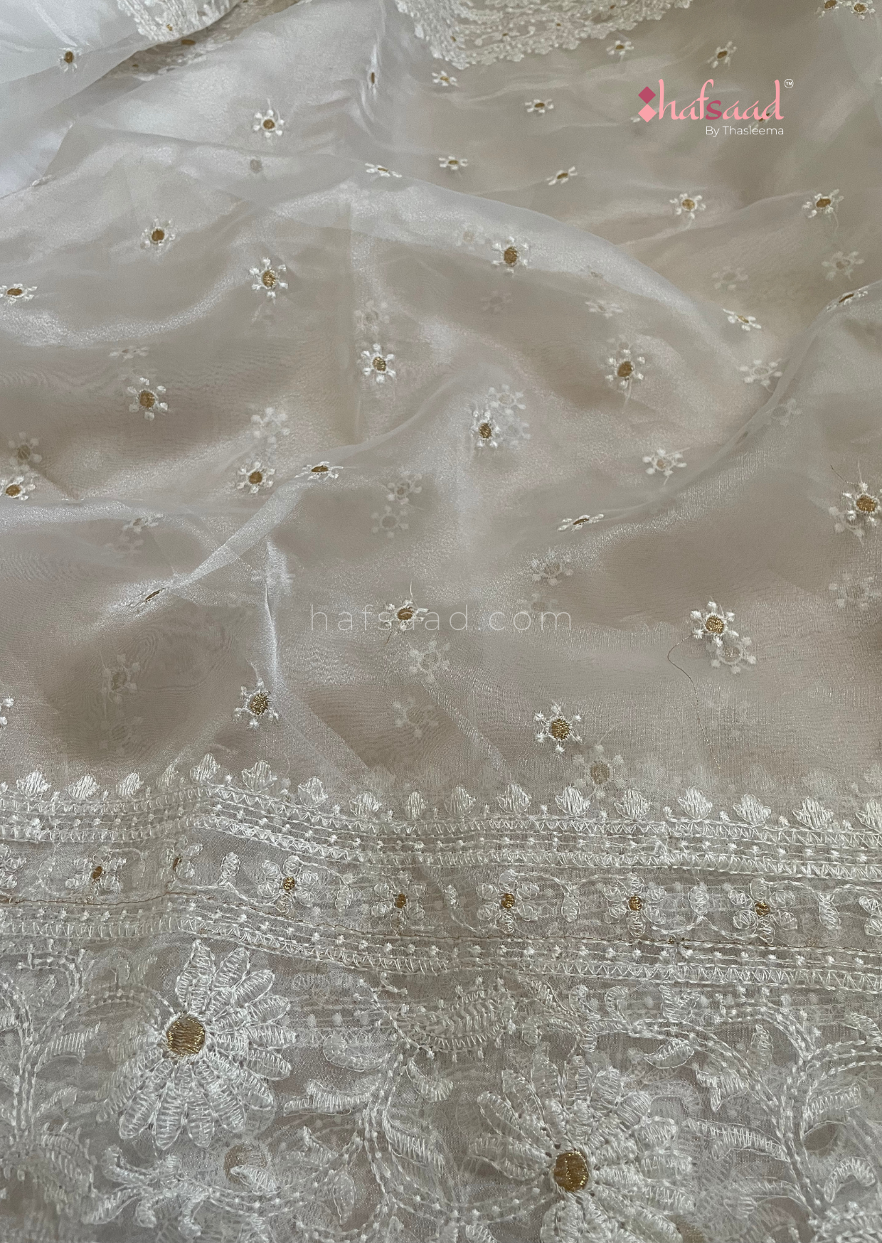 Blushed- White chikankari organza saree