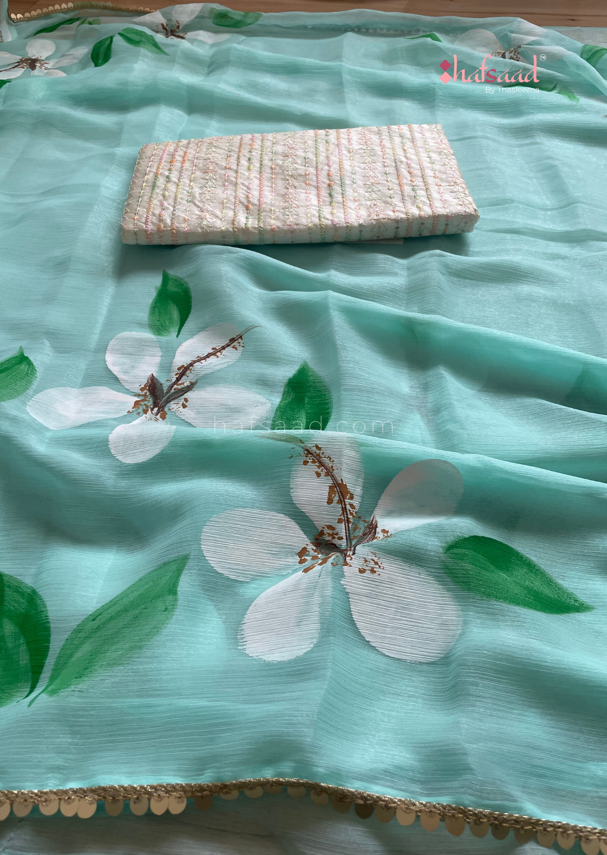 Periwinkle- chiffon handpainted saree (aqua)