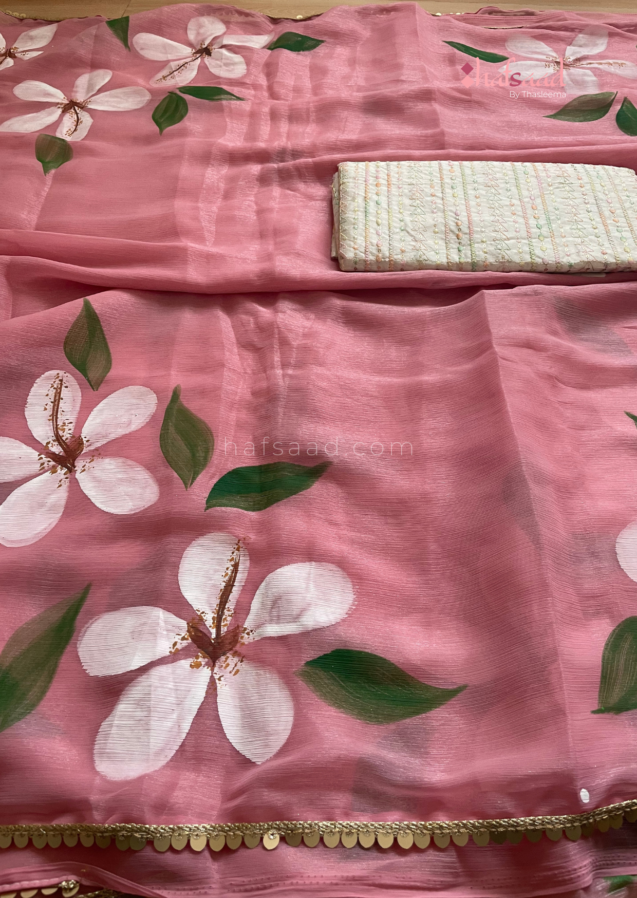 Periwinkle- chiffon handpainted saree (pink)