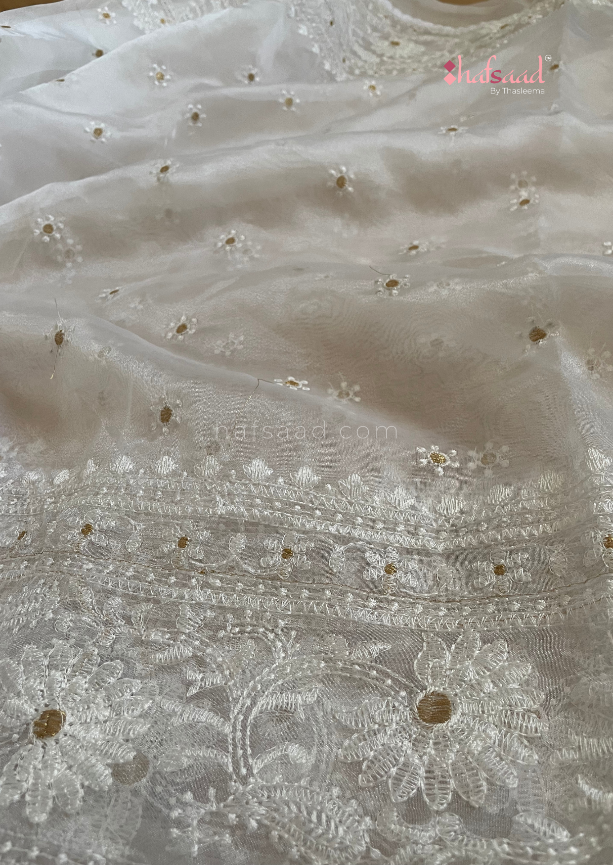 Blushed- White chikankari organza saree