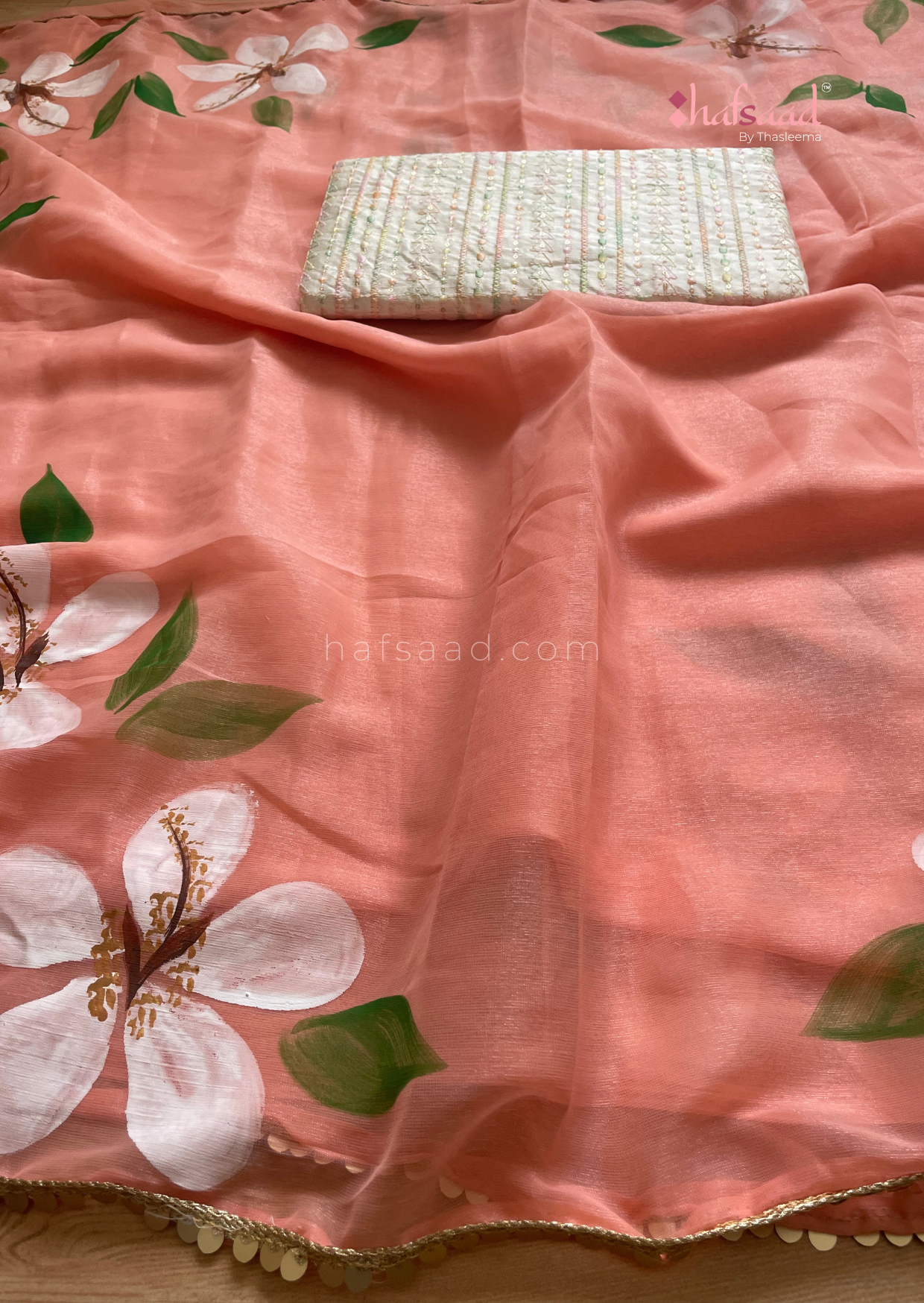 Periwinkle- chiffon handpainted saree (coral)