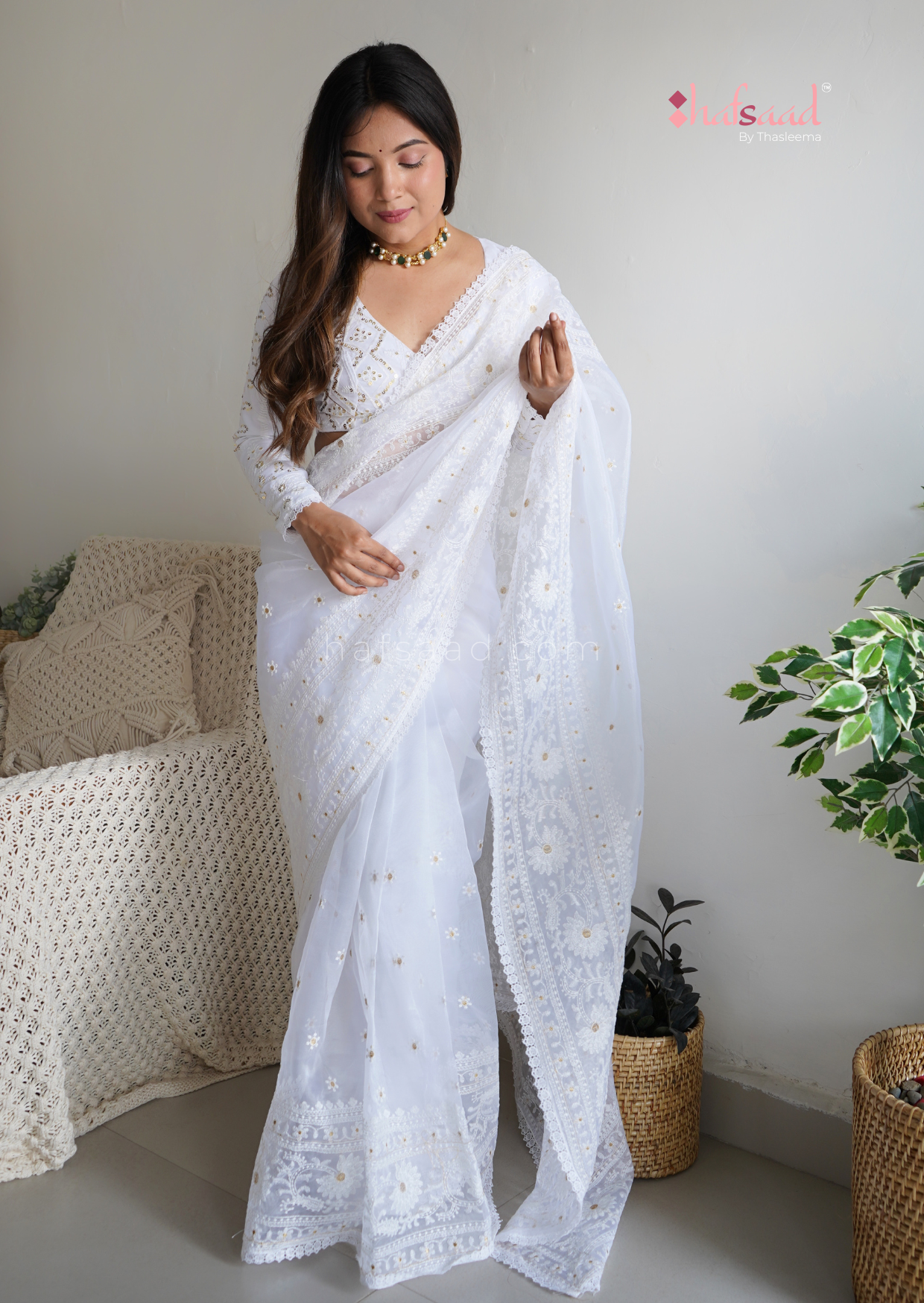 Blushed- Ready to wear saree (Pure white) – Hafsaad